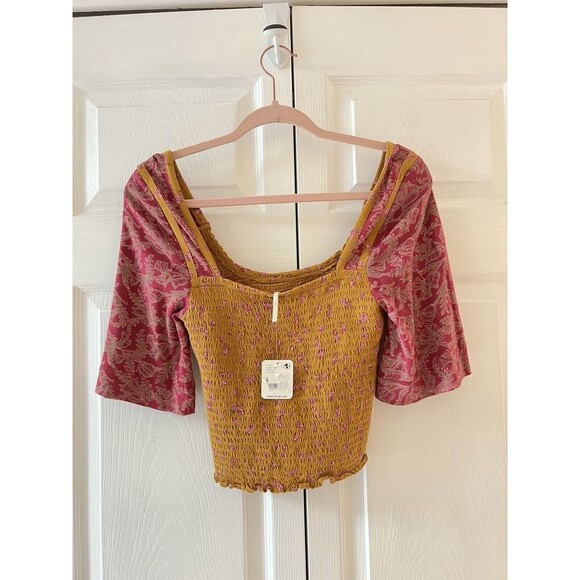 Free People Size Small Crop Cinched Marigold Top shirred body blouse Pink Sleeve - Picture 8 of 8